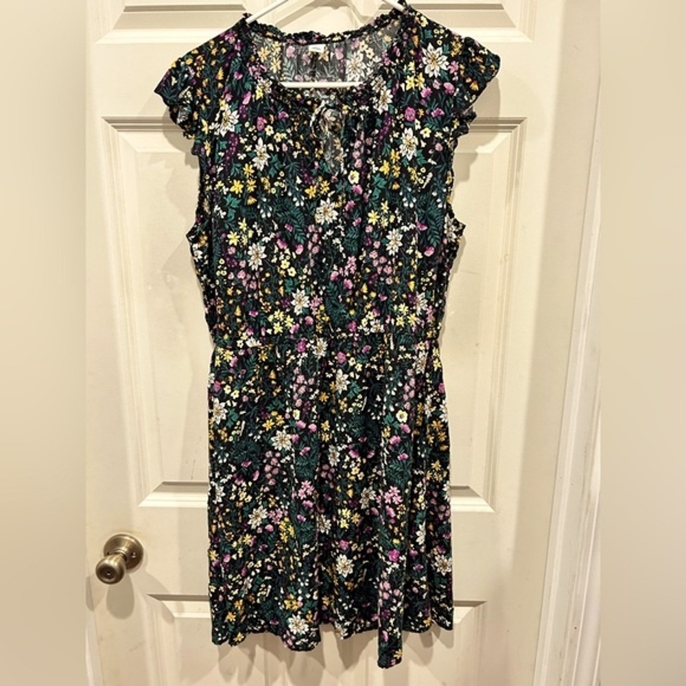 Old Navy Womens Floral Flutter Sleeve Mini Dress Black Yellow Purple Size Large‎